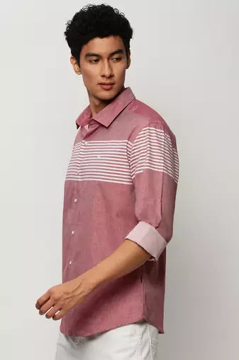 men's long sleeves horizontal stripes pink shirt