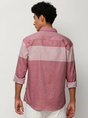 men's long sleeves horizontal stripes pink shirt 4