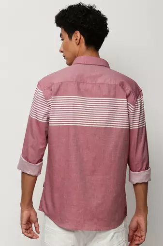 men's long sleeves horizontal stripes pink shirt
