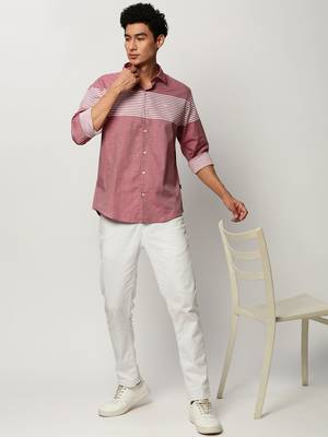 men's long sleeves horizontal stripes pink shirt 5