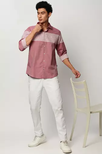 men's long sleeves horizontal stripes pink shirt