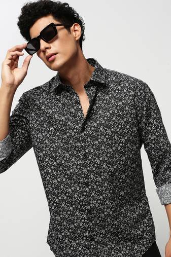 men's long sleeves floral black shirt