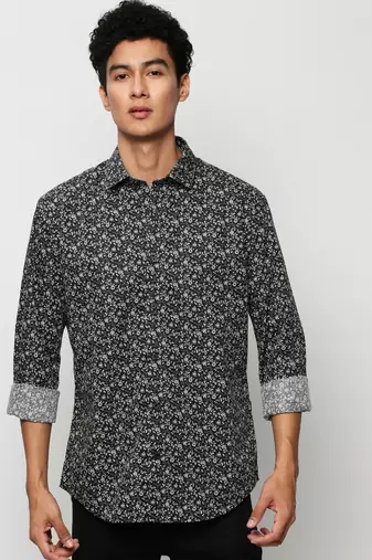men's long sleeves floral black shirt