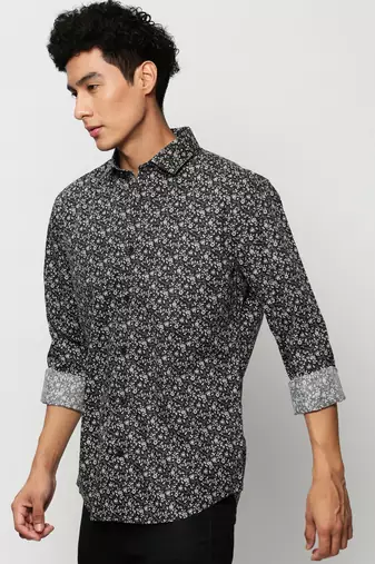 men's long sleeves floral black shirt