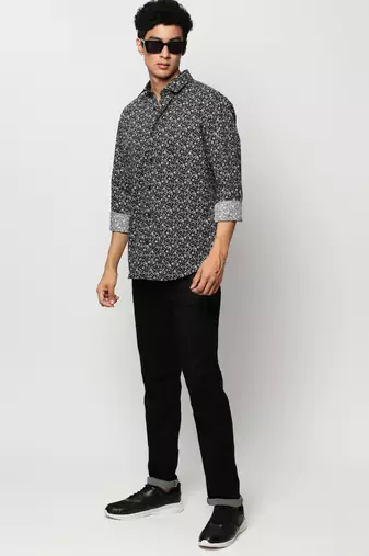 men's long sleeves floral black shirt