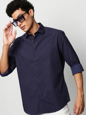 men's long sleeves geometric navy blue shirt 1