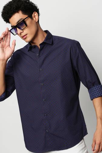 men's long sleeves geometric navy blue shirt