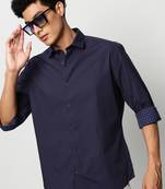 men's long sleeves geometric navy blue shirt