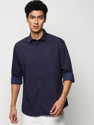 men's long sleeves geometric navy blue shirt 2