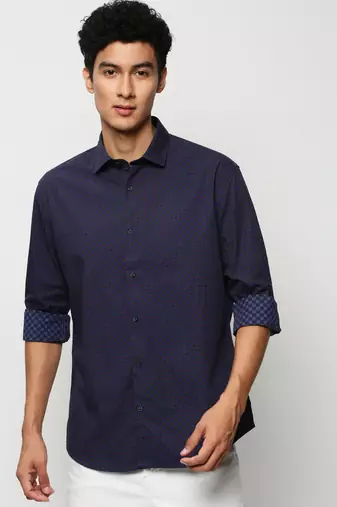 men's long sleeves geometric navy blue shirt