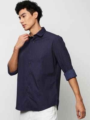 men's long sleeves geometric navy blue shirt 3