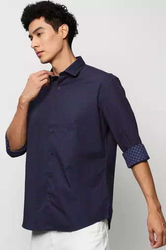 men's long sleeves geometric navy blue shirt