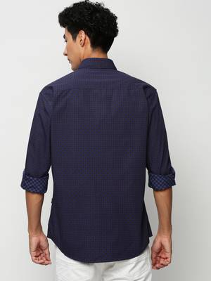 men's long sleeves geometric navy blue shirt 4