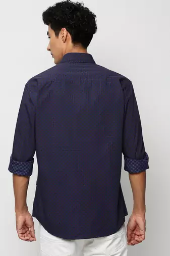 men's long sleeves geometric navy blue shirt