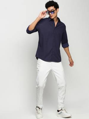 men's long sleeves geometric navy blue shirt 5