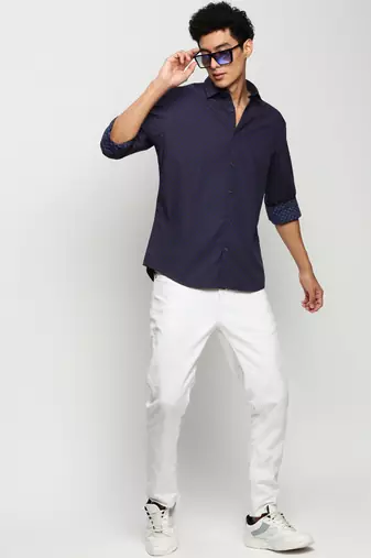 men's long sleeves geometric navy blue shirt