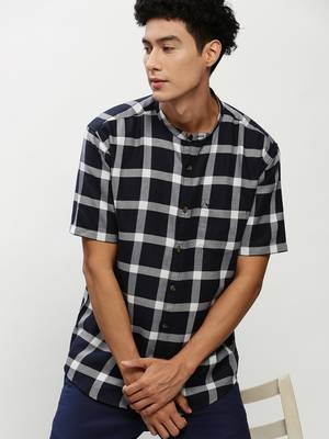 men's short sleeves buffalo checks navy blue shirt 1