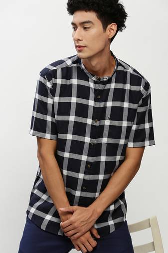 men's short sleeves buffalo checks navy blue shirt