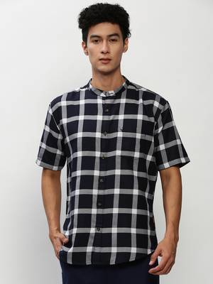 men's short sleeves buffalo checks navy blue shirt 2