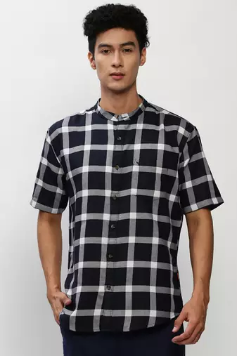 men's short sleeves buffalo checks navy blue shirt