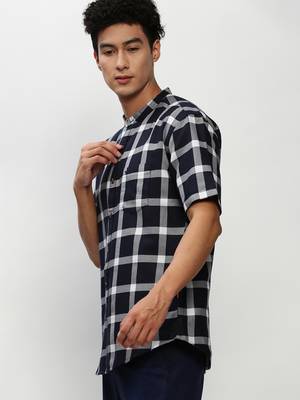 men's short sleeves buffalo checks navy blue shirt 3