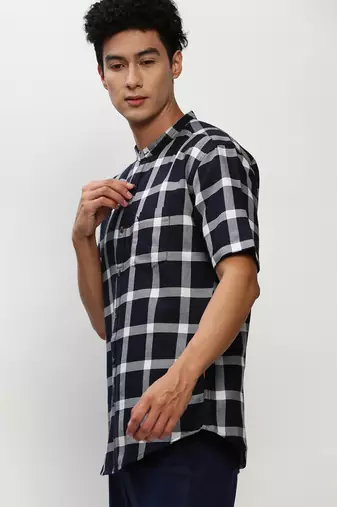 men's short sleeves buffalo checks navy blue shirt