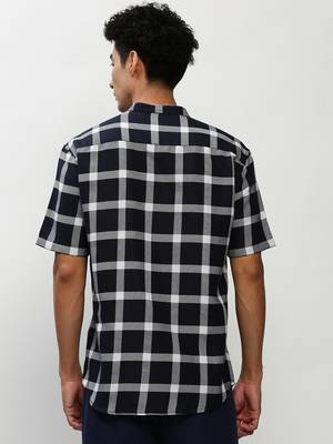 men's short sleeves buffalo checks navy blue shirt 4