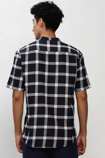men's short sleeves buffalo checks navy blue shirt