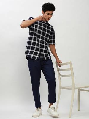 men's short sleeves buffalo checks navy blue shirt 5