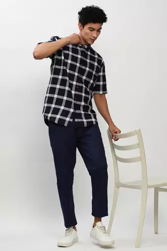 men's short sleeves buffalo checks navy blue shirt