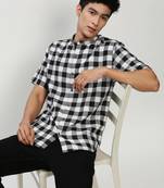 men's short sleeves gingham checks black shirt