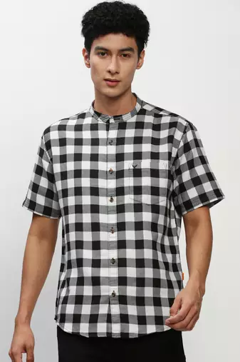 men's short sleeves gingham checks black shirt