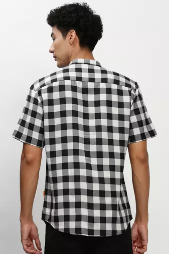 men's short sleeves gingham checks black shirt