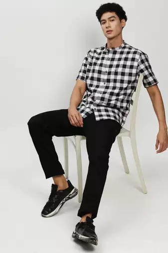 men's short sleeves gingham checks black shirt