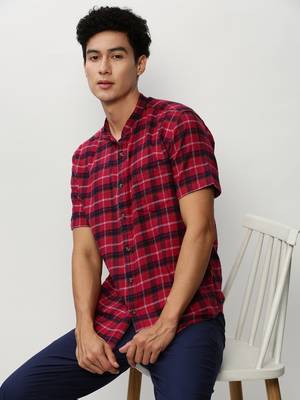 men's short sleeves tartan checks red shirt 1