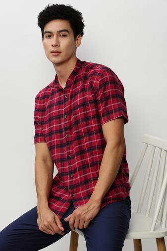 men's short sleeves tartan checks red shirt