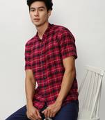 men's short sleeves tartan checks red shirt