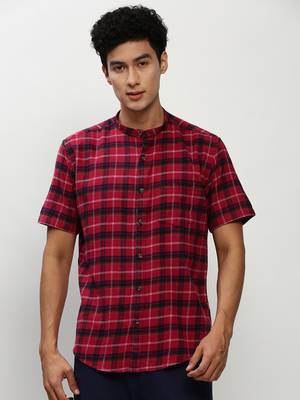 men's short sleeves tartan checks red shirt 2