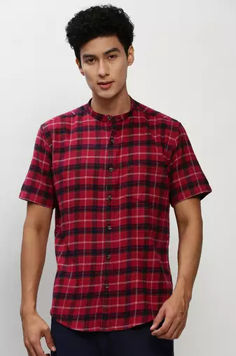 men's short sleeves tartan checks red shirt