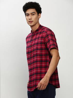 men's short sleeves tartan checks red shirt 3