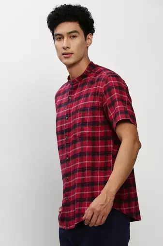 men's short sleeves tartan checks red shirt
