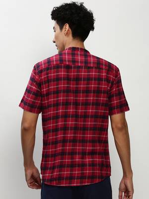 men's short sleeves tartan checks red shirt 4