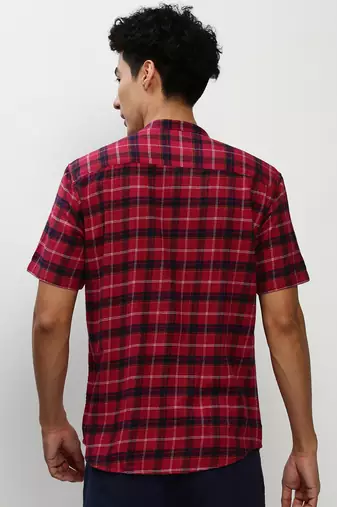 men's short sleeves tartan checks red shirt