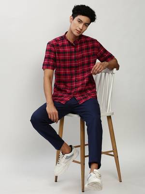 men's short sleeves tartan checks red shirt 5