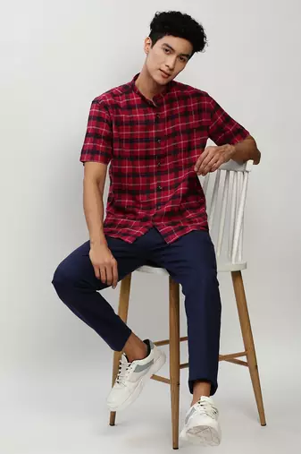 men's short sleeves tartan checks red shirt