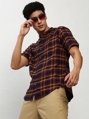men's short sleeves tartan checks navy blue shirt 1