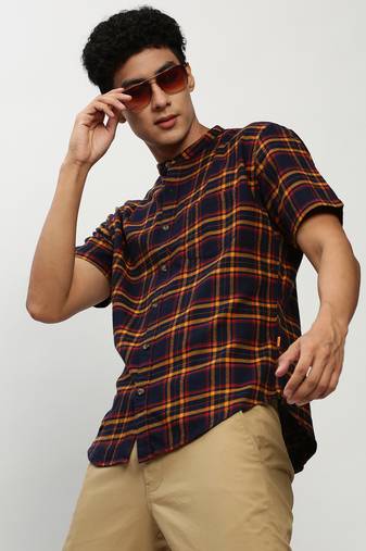 men's short sleeves tartan checks navy blue shirt