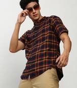 men's short sleeves tartan checks navy blue shirt