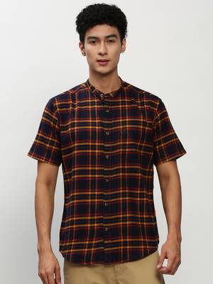 men's short sleeves tartan checks navy blue shirt 2