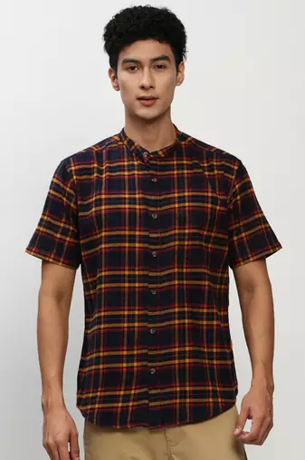 men's short sleeves tartan checks navy blue shirt